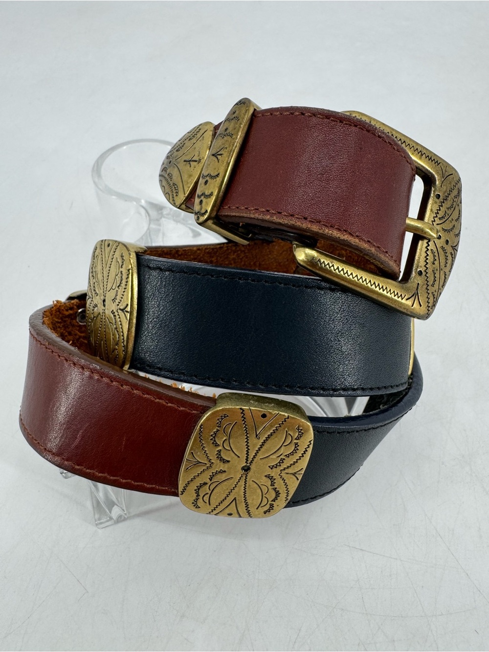 Brighton Vintage 90s Western Boho Patchwork Leather Concho Filigree Brass Belt